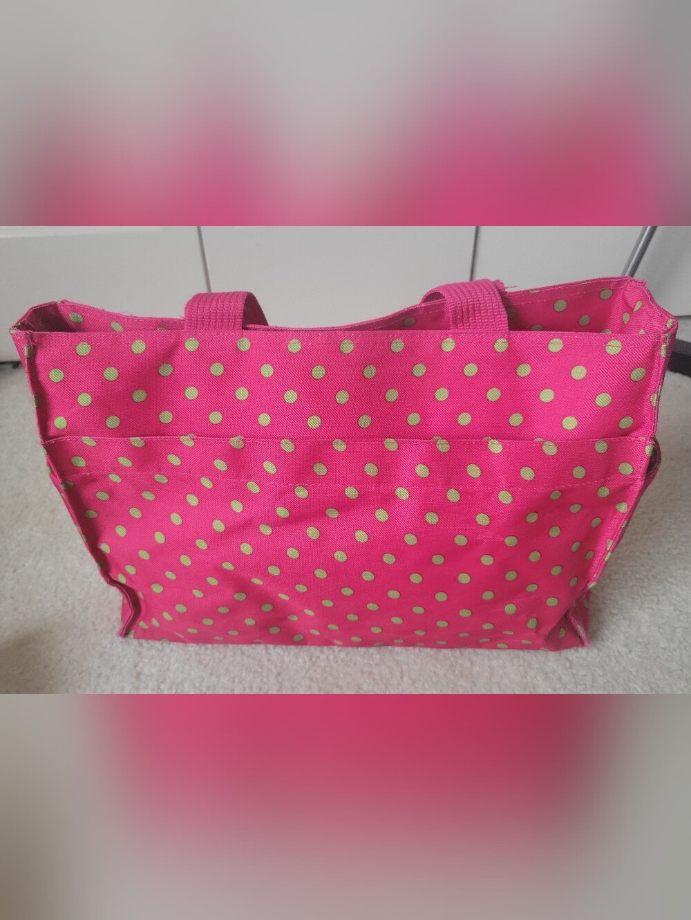 Pink Polka Dot Tote Bag with Lime Bow - Picture 2 of 16